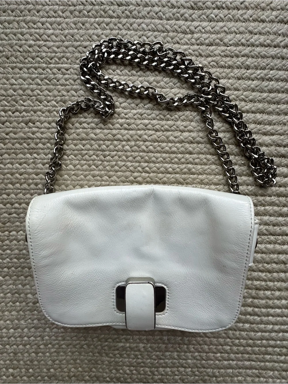 Badgley Mischka White Leather Crossbody with Silver Chain
